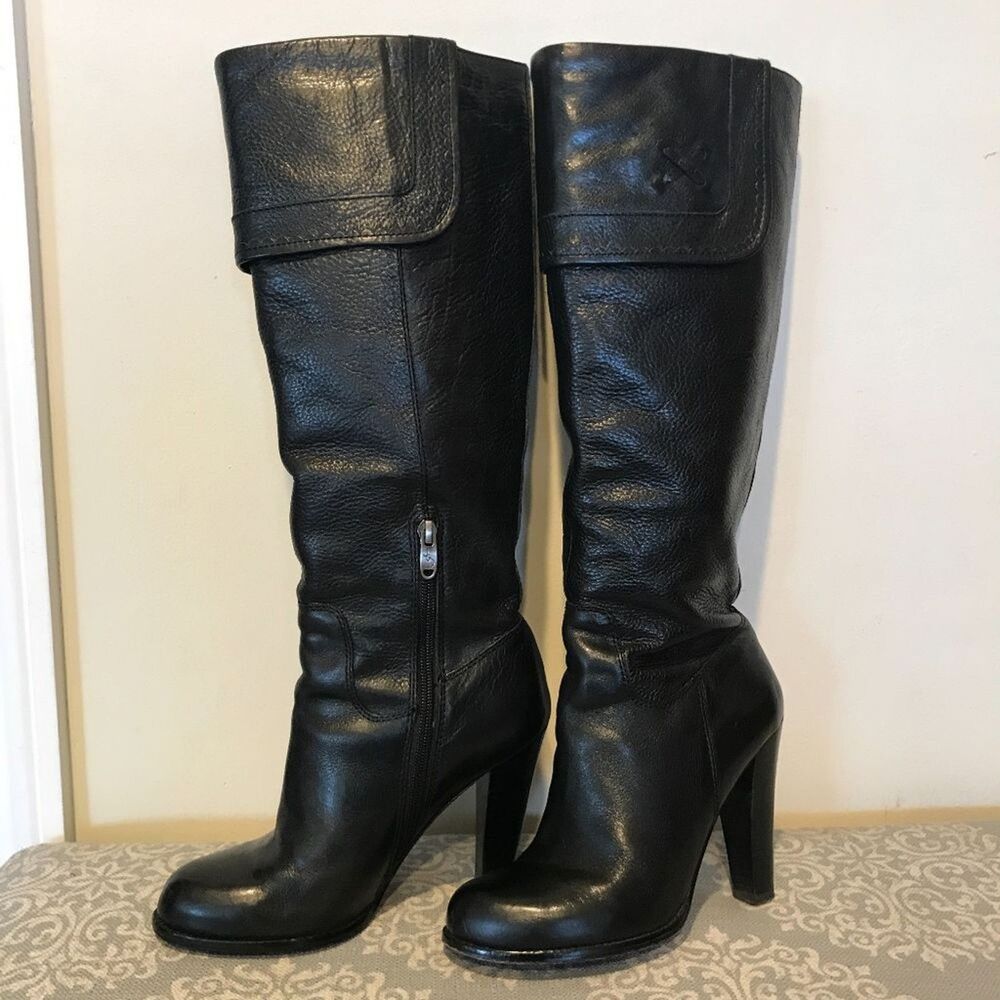 Joan & David Black Leather Knee-High Heeled Boots - Size 7